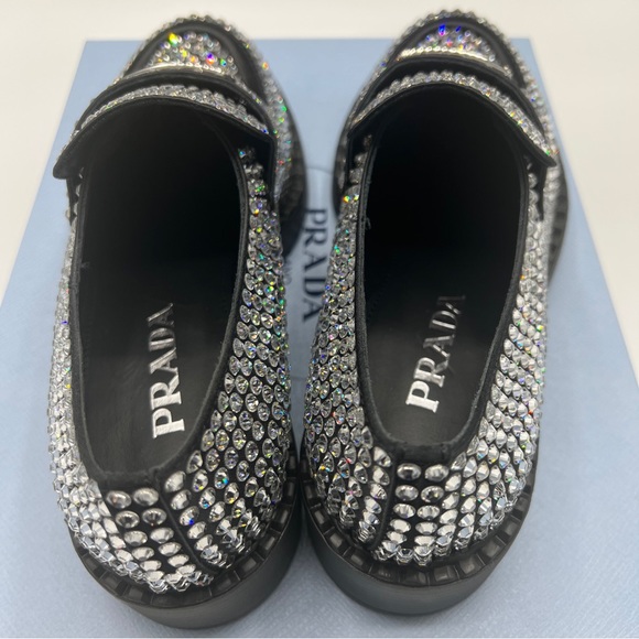 NIB PRADA  Crystal Logo Flat Loafers Size 37.5 - Picture 9 of 12